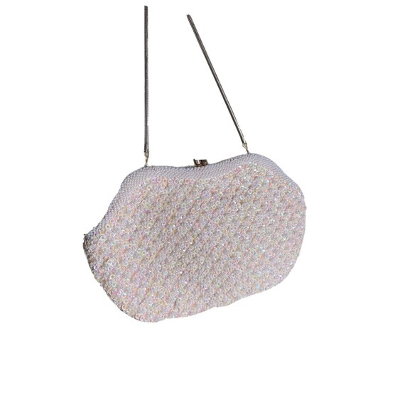 vintage la regale beaded purse White Beads Yellow Satin Lining Chain Handmade HK - Picture 5 of 11